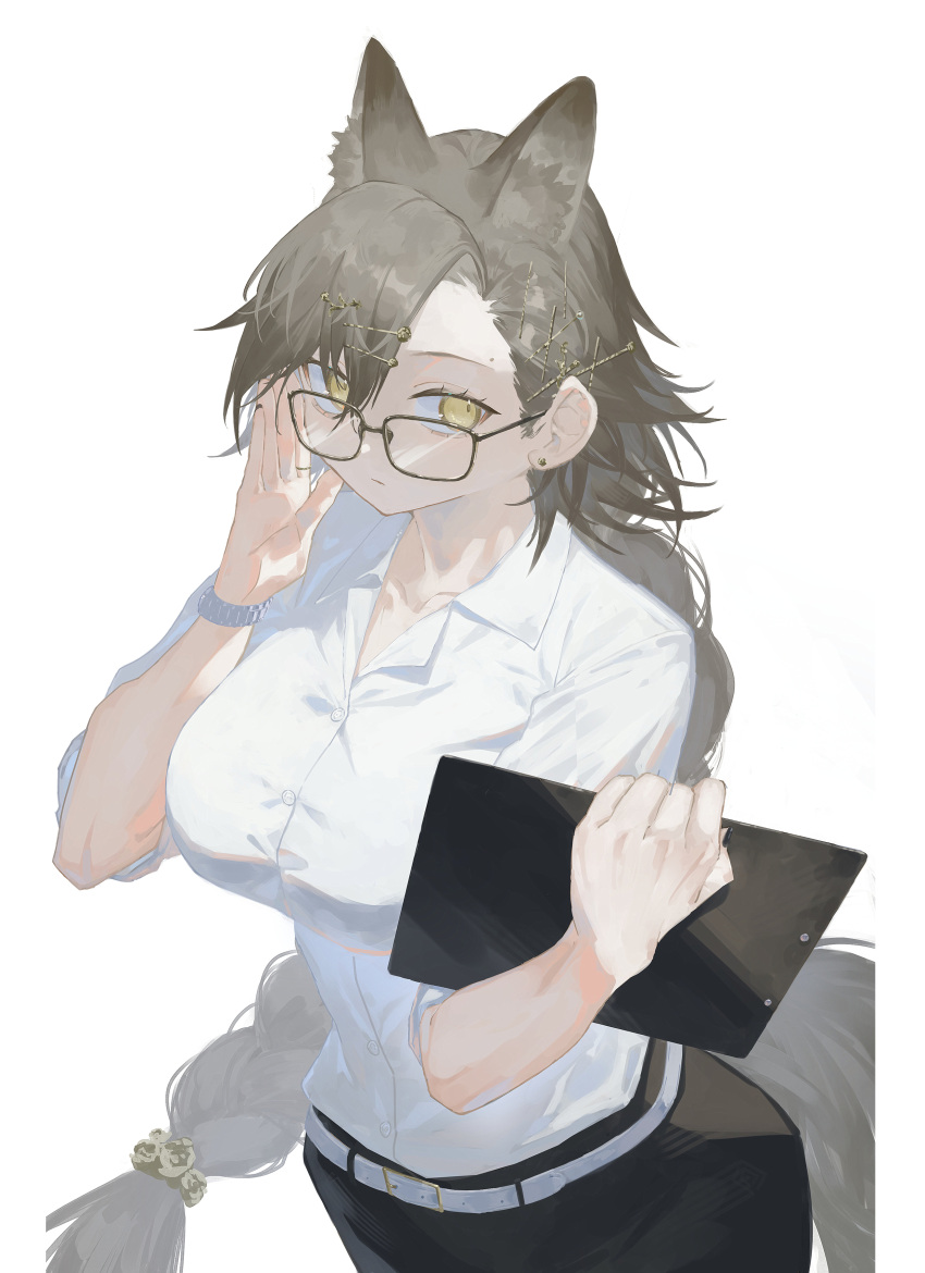 1girl, 3pel1, absurdres, adjusting_eyewear, alternate_costume, animal_ears, arknights, arm_up