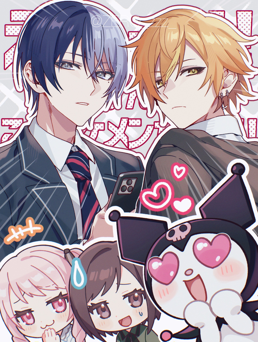 +++, 1girl, 1other, 2boys, :3, :d, absurdres, akiyama_mizuki, ambiguous_gender, aoyagi_touya, artist_name, blazer, blonde_hair, blue_hair, blue_jacket, blue_necktie, blush, brown_eyes, brown_hair, cellphone, closed_mouth, collared_shirt, commentary_request, crossover, diagonal-striped_necktie, diagonal_stripes, earrings, emphasis_lines, expressionless, eyelashes, frown, go_(roku), grey_background, grey_eyes, grey_hair, hair_between_eyes, hands_up, heart, heart-shaped_eyes, highres, holding, holding_phone, jacket, jewelry, kamiyama_high_school_uniform_(project_sekai), kuromi, lapels, long_hair, looking_at_viewer, looking_back, mole, mole_under_eye, multicolored_hair, multiple_boys, necktie, onegai_my_melody, open_clothes, open_jacket, open_mouth, orange_hair, outline, parted_lips, phone, pink_hair, ponytail, project_sekai, raised_eyebrows, red_necktie, sanrio, school_uniform, shinonome_akito, shinonome_ena, shirt, short_hair, side_ponytail, sidelocks, simple_background, smartphone, smile, smug, split-color_hair, streaked_hair, striped, striped_necktie, sweatdrop, swept_bangs, twitter_username, two-tone_hair, white_outline, white_shirt, wing_collar, yellow_eyes