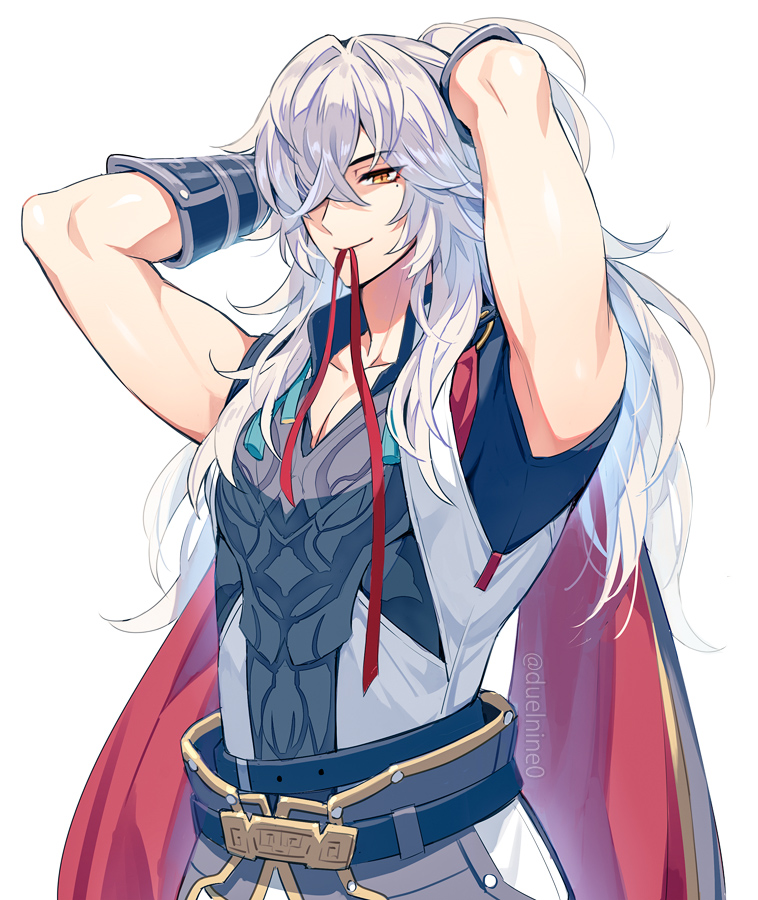 1boy, armor, gloves, hair_over_one_eye, honkai:_star_rail, honkai_(series), jing_yuan, long_hair, male_focus, meiji_(meiji770), mole, mole_under_eye, red_ribbon, ribbon, shirt, smile, white_hair, yellow_eyes