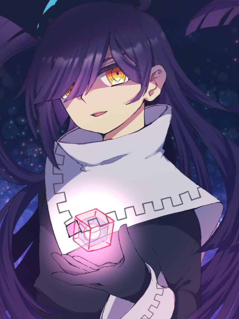 1boy, black_bodysuit, black_gloves, bodysuit, gloves, glowing, hair_over_one_eye, light_particles