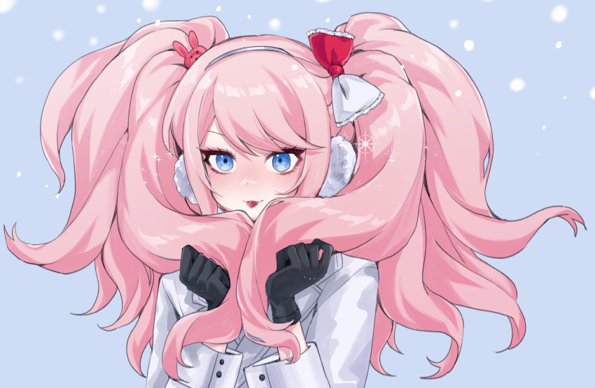 1girl, alternate_costume, black_gloves, blonde_hair, blue_eyes, blush, bow, danganronpa:_trigger_happy_havoc