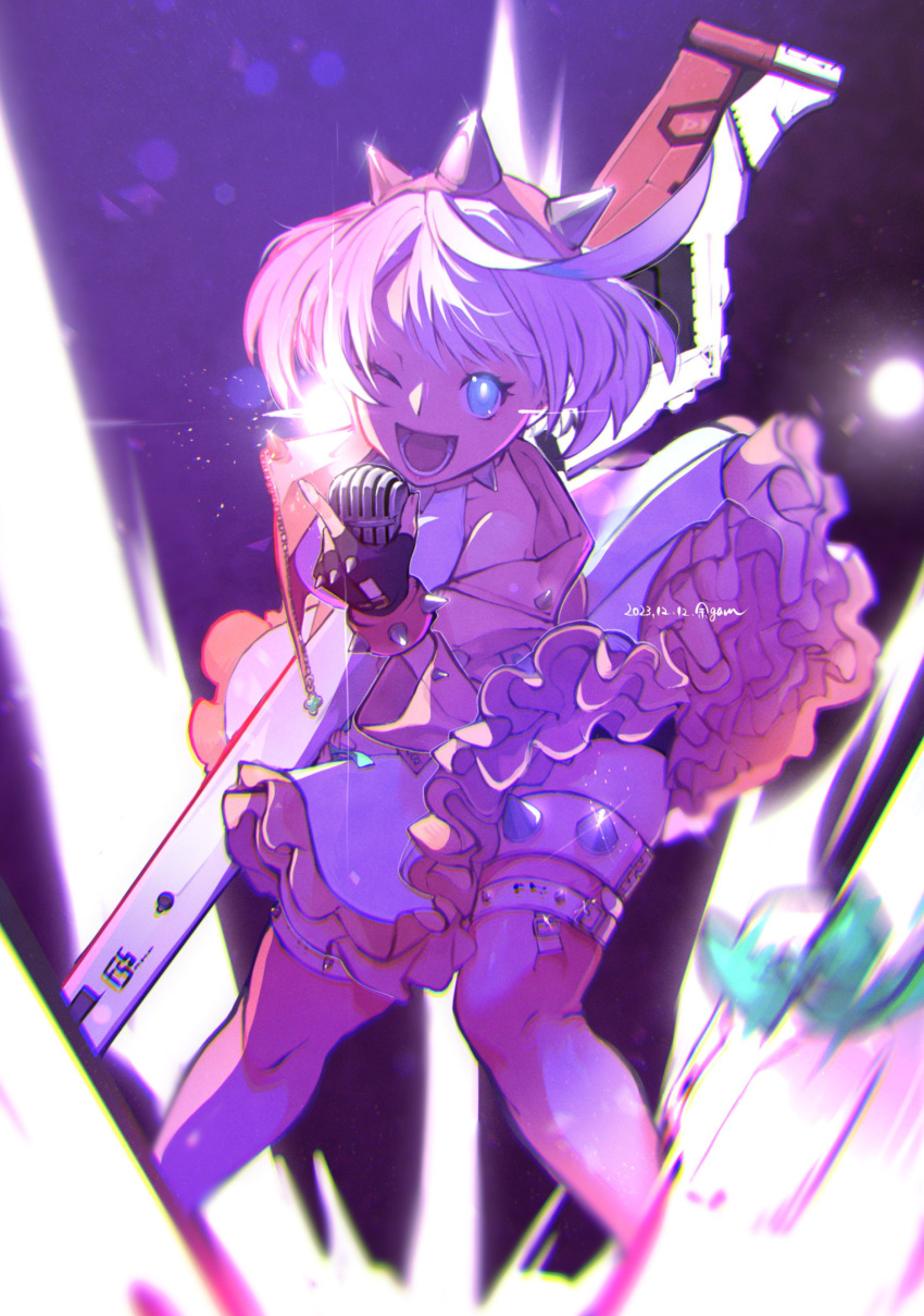 1girl, absurdres, ahoge, black_gloves, blue_eyes, blush, boots, bracelet, clover, collar, dress, elphelt_valentine, fingerless_gloves, four-leaf_clover, frilled_dress, frills, gloves, guilty_gear, guilty_gear_strive, gun, hairband, highres, holding, holding_gun, holding_microphone, holding_weapon, huge_ahoge, jacket, jewelry, kousuke_(kari), long_sleeves, looking_at_viewer, microphone, one_eye_closed, open_mouth, pink_dress, pink_footwear, pink_jacket, short_hair, smile, spiked_bracelet, spiked_collar, spiked_hairband, spikes, thigh_boots, two-tone_dress, weapon, white_dress, white_hair