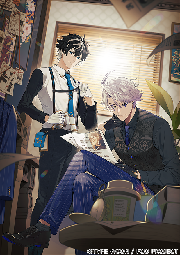 2boys, belt_pouch, binoculars, black_eyes, black_footwear, black_gloves, black_hair, black_pants, black_shirt, black_sleeves, black_vest, blue_eyes, blue_necktie, blue_pants, book, book_stack, bulletin_board, chair, charlemagne_(fate), closed_mouth, collared_shirt, copyright_notice, cross-laced_footwear, crossed_legs, cuff_links, cup, curtained_hair, disposable_cup, facial_mark, fate/grand_order, fate_(series), feet_out_of_frame, foot_out_of_frame, gloves, grey_hair, grey_socks, hair_between_eyes, holding, holding_binoculars, holding_paper, indoors, jacket, james_moriarty_(archer)_(fate), james_moriarty_(ruler)_(fate), kino_itika, lightning_ahoge, long_sleeves, looking_at_viewer, male_focus, multicolored_hair, multiple_boys, necktie, official_art, painting_(object), pants, paper, patterned_clothing, pinstripe_pants, pinstripe_pattern, plant, pocket_watch, pouch, shirt, shoes, short_hair, sitting, smile, socks, standing, streaked_hair, string_chart, striped, suspenders, swept_bangs, table, two-tone_hair, unworn_jacket, vest, watch, white_gloves, white_hair, white_shirt, window, window_blinds