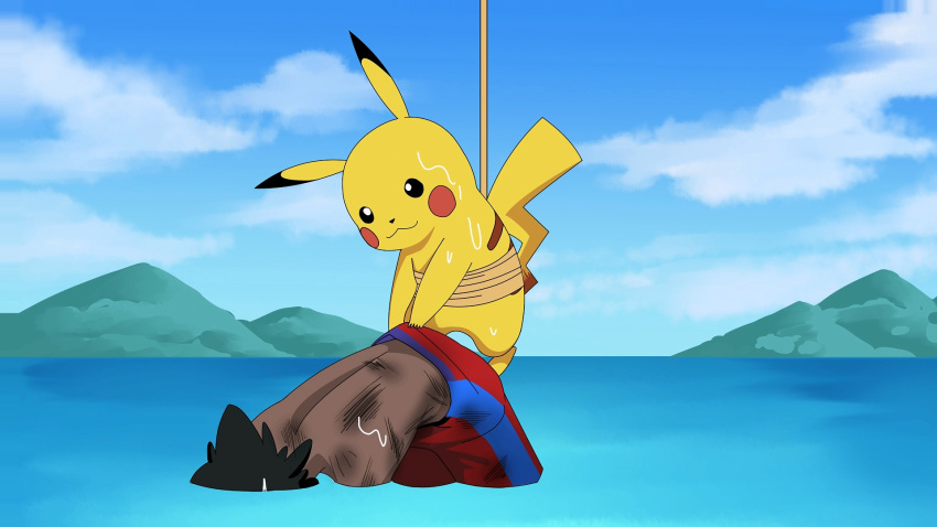:3, ash_ketchum, black_eyes, black_hair, blue_sky, blush_stickers, closed_mouth, clouds, commentary_request, day, english_commentary, full_body, grapeanime, highres, looking_at_another, looking_down, male_focus, male_swimwear, mixed-language_commentary, mountain, ocean, outdoors, partial_commentary, partially_submerged, pikachu, pokemon, pokemon_(anime), pokemon_(creature), pokemon_sm_(anime), red_male_swimwear, rope, scratches, short_hair, sky, smile, suspension, swim_trunks, topless_male, unconscious, water, wet