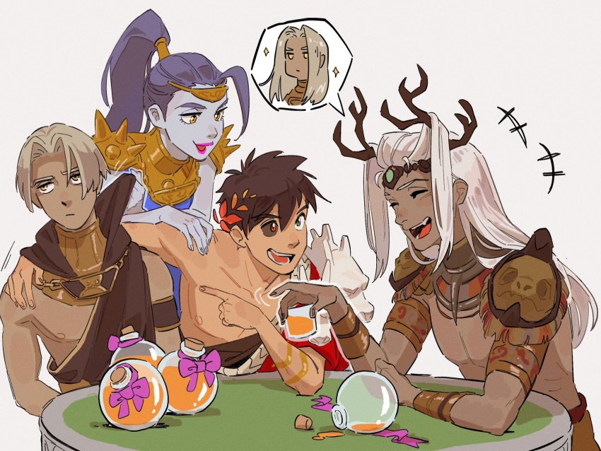 +++, 1girl, 3boys, ^_^, ancient_greek_clothes, arm_around_shoulder, black_hair, black_sclera