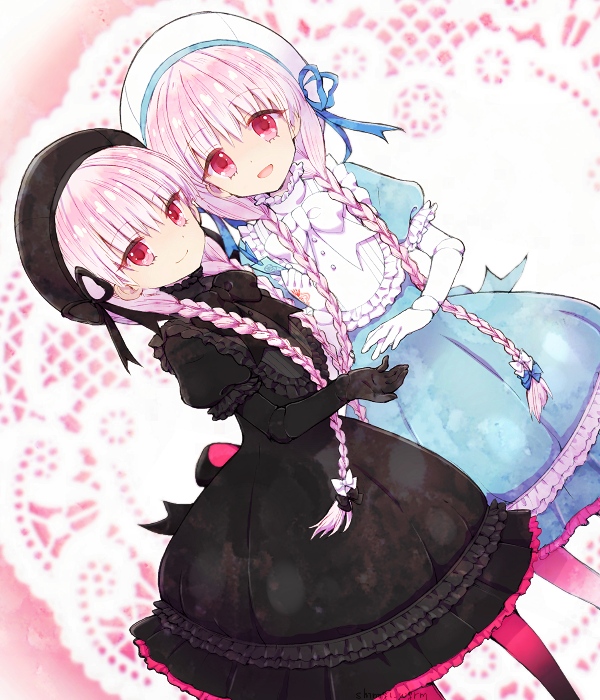 2boys, :d, alice_(fate), beret, black_bow, black_dress, black_headwear, black_ribbon