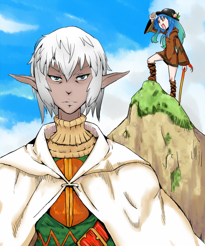 buront, crossover, elf, elvaan, final_fantasy, final_fantasy_tactics, final_fantasy_xi, food, fruit, geomancer_(fft), hat, hinanawi_tenshi, iwamasama, long_hair, peach, pointy_ears, red_eyes, short_hair, silver_hair, sword, sword_of_hisou, touhou, weapon