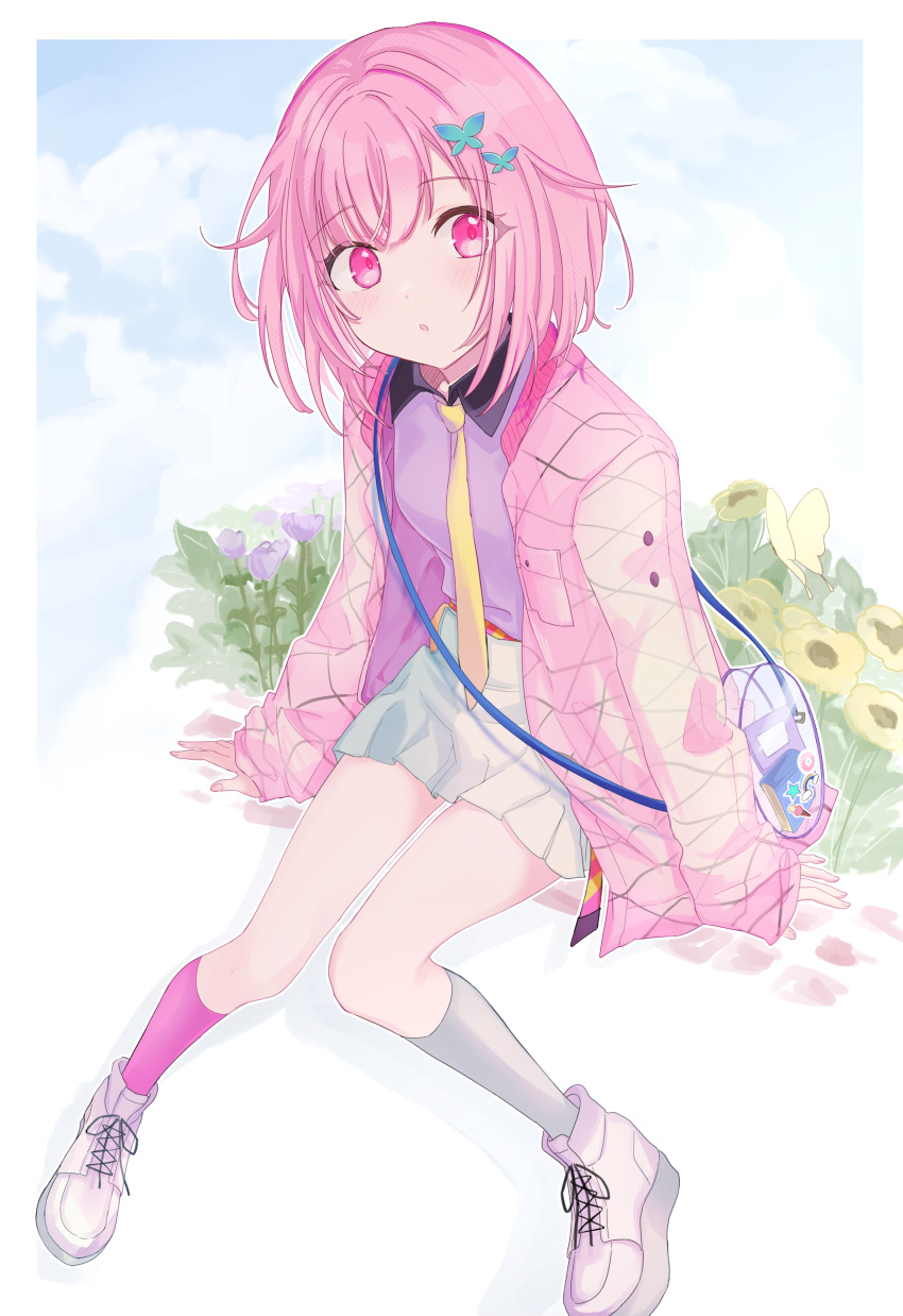 1girl, :o, absurdres, bag, blue_sky, blush, book, boots