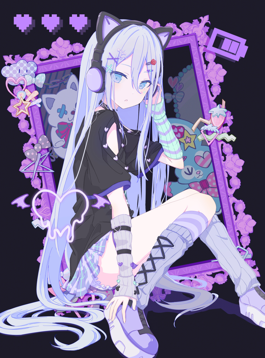 1girl, :o, \r\nofficial_alternate_costume, absurdres, animal_ear_headphones, animal_ears, aqua_bow, arm_warmers