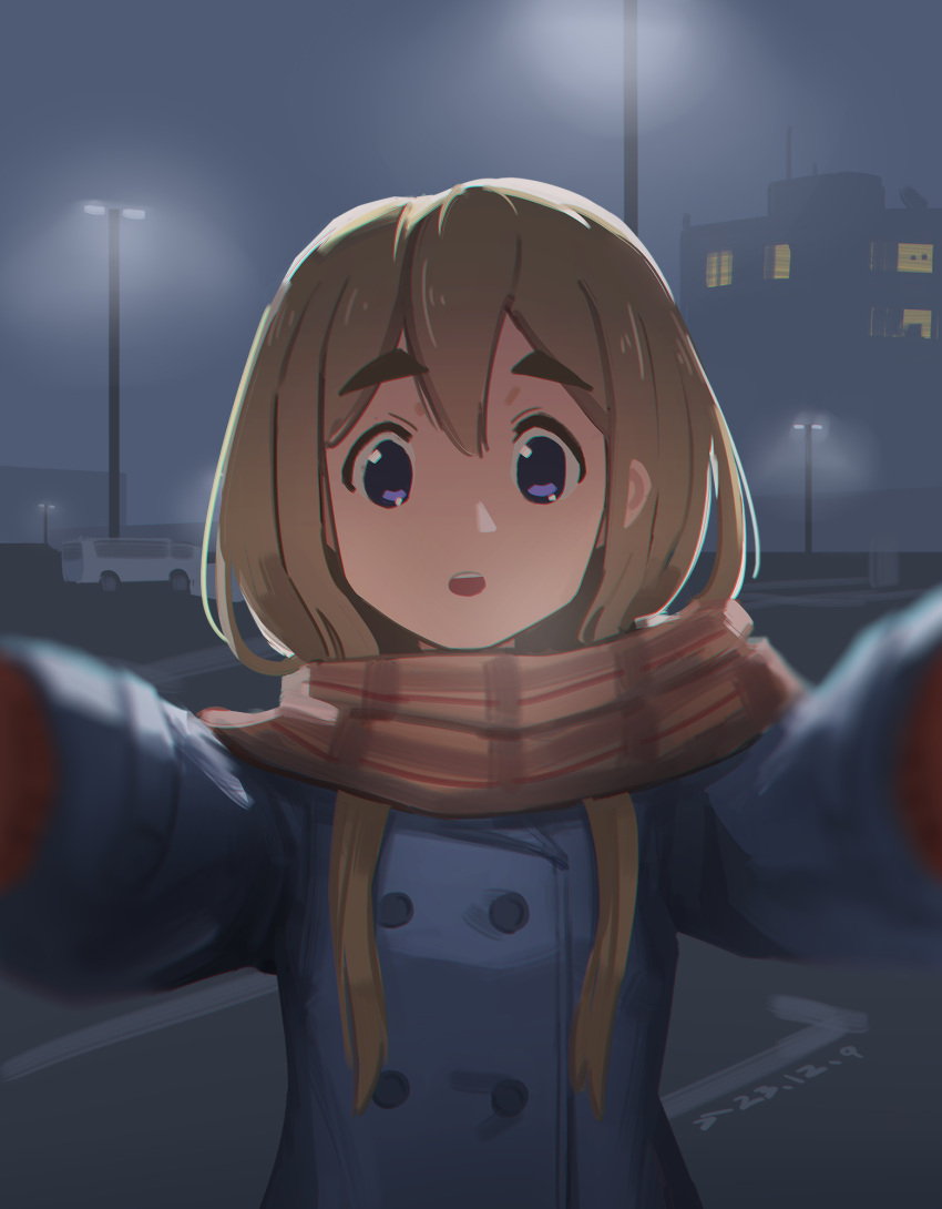 1girl, blue_coat, brown_scarf, building, car, city, coat, highres, k-on!, kotobuki_tsumugi, lamppost, light_brown_hair, long_hair, looking_at_viewer, meme, mittens, motor_vehicle, night, outdoors, parking_lot, plaid, plaid_scarf, pov_cheek_warming_(meme), reaching, reaching_towards_viewer, red_mittens, scarf, solo, tornier, violet_eyes