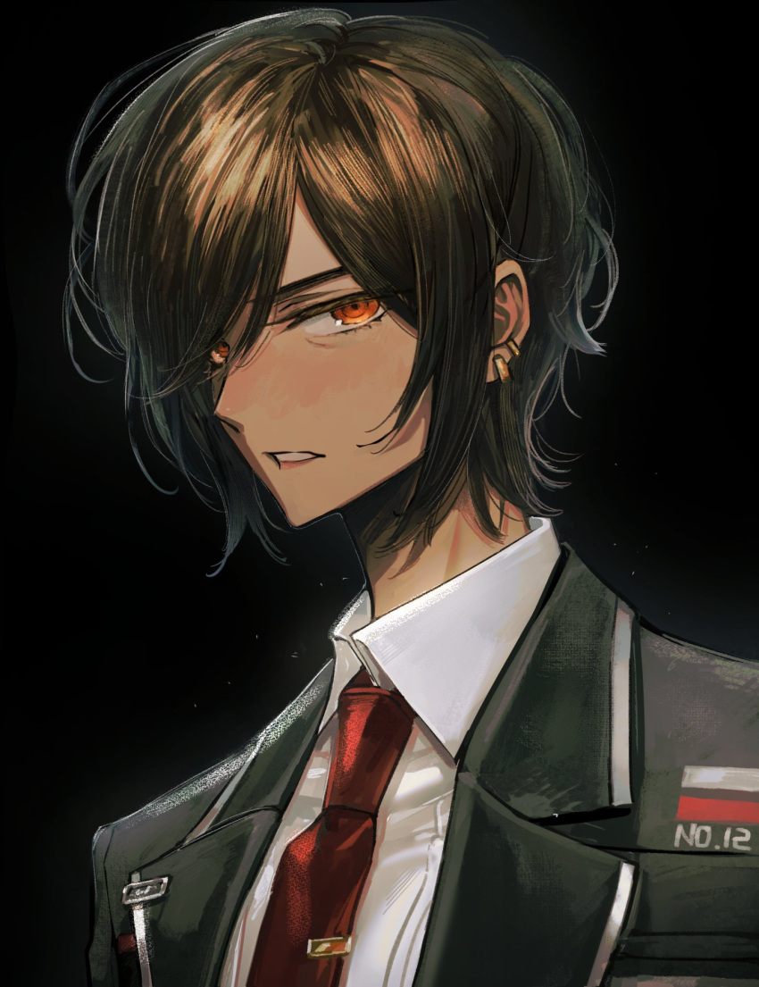 1girl, black_coat, coat, collared_shirt, earrings, eichi_turnr, highres, jewelry, limbus_company, looking_at_viewer, necktie, outis_(project_moon), parted_lips, project_moon, red_necktie, shirt, solo, tie_clip, white_shirt, wing_collar