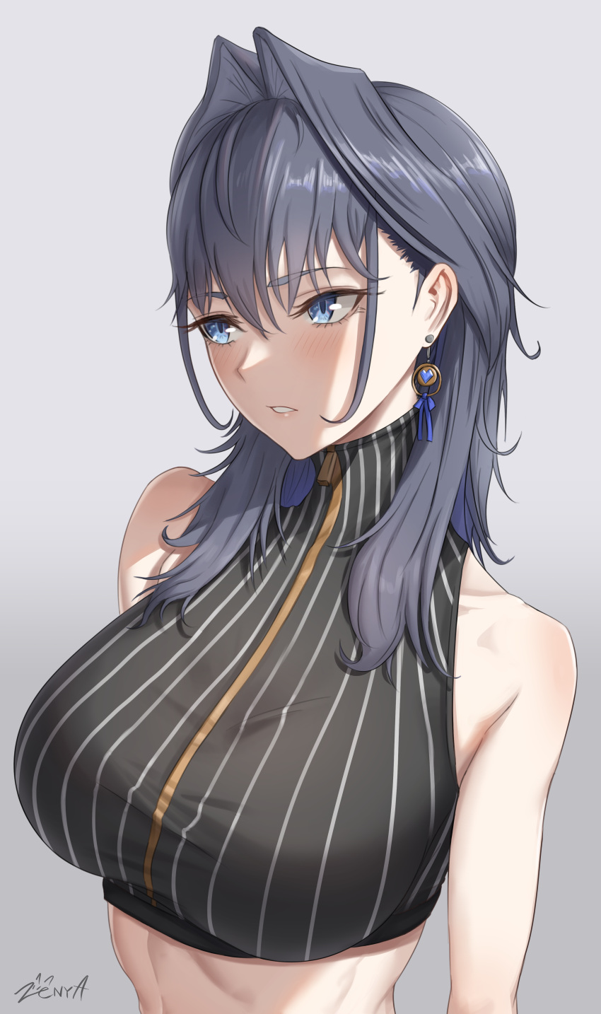 1girl, absurdres, averting_eyes, bare_shoulders, black_hair, black_shirt, blue_eyes, blush