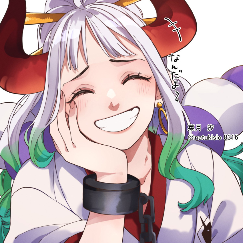 1girl, artist_name, blush, clenched_teeth, commentary_request, cuffs, earrings, green_hair