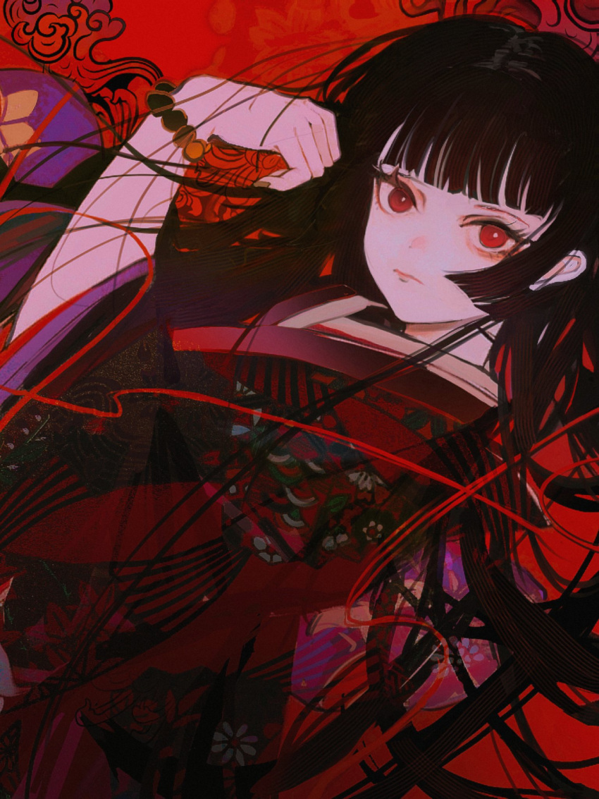 1girl, black_hair, black_kimono, blunt_bangs, bracelet, enma_ai, highres, hime_cut