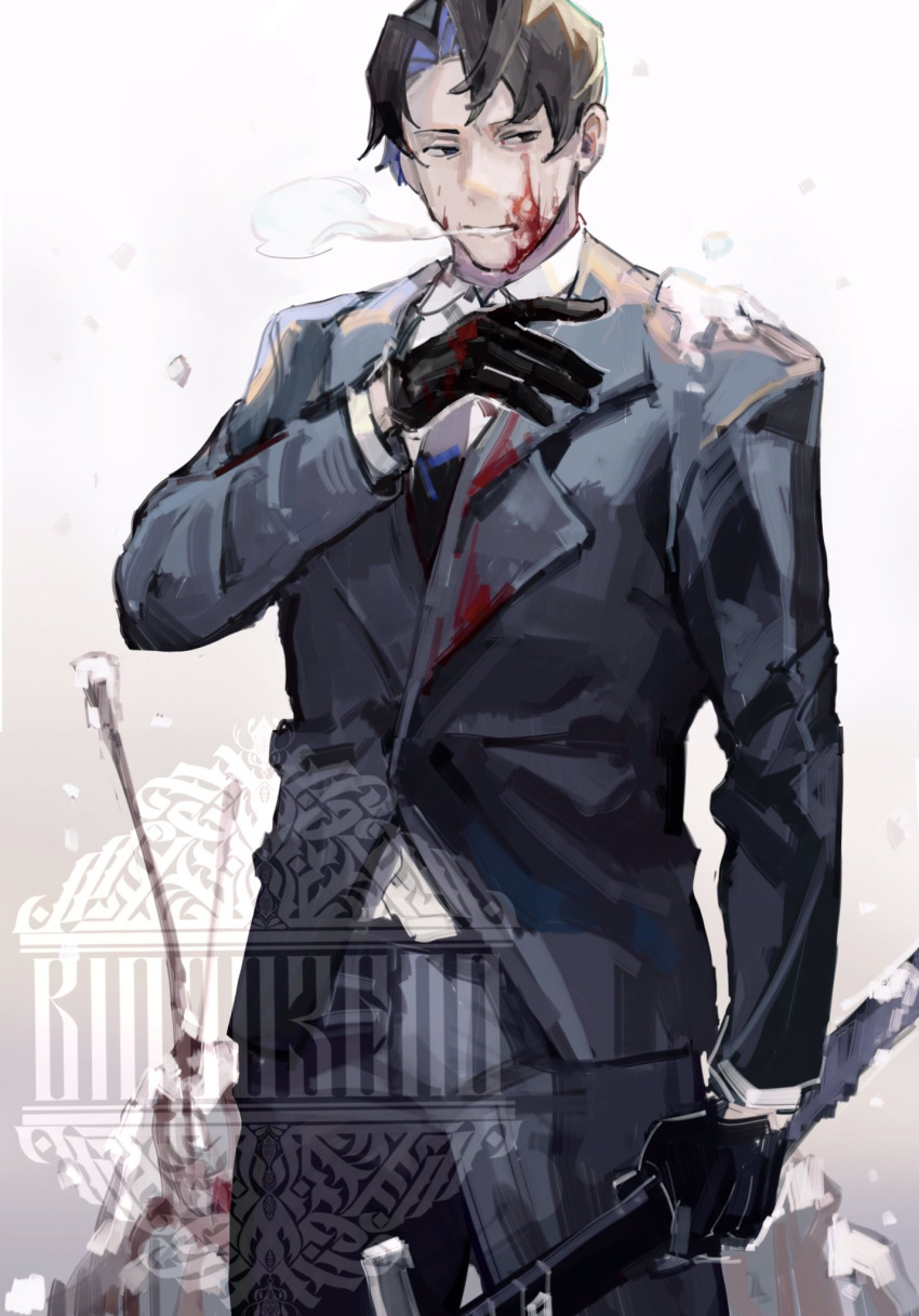 1boy, bingbuliguozi, black_eyes, black_gloves, black_hair, black_jacket, black_pants, blood