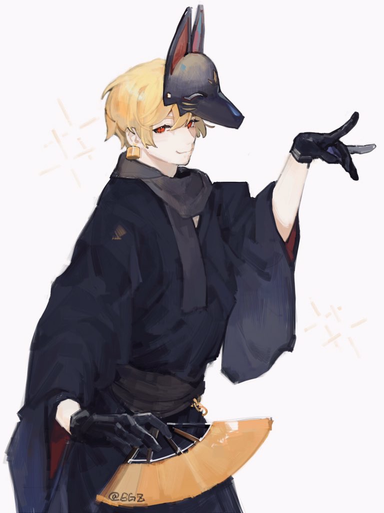 1boy, bingbuliguozi, black_gloves, black_kimono, blonde_hair, fate_(series), fox_mask, fox_shadow_puppet