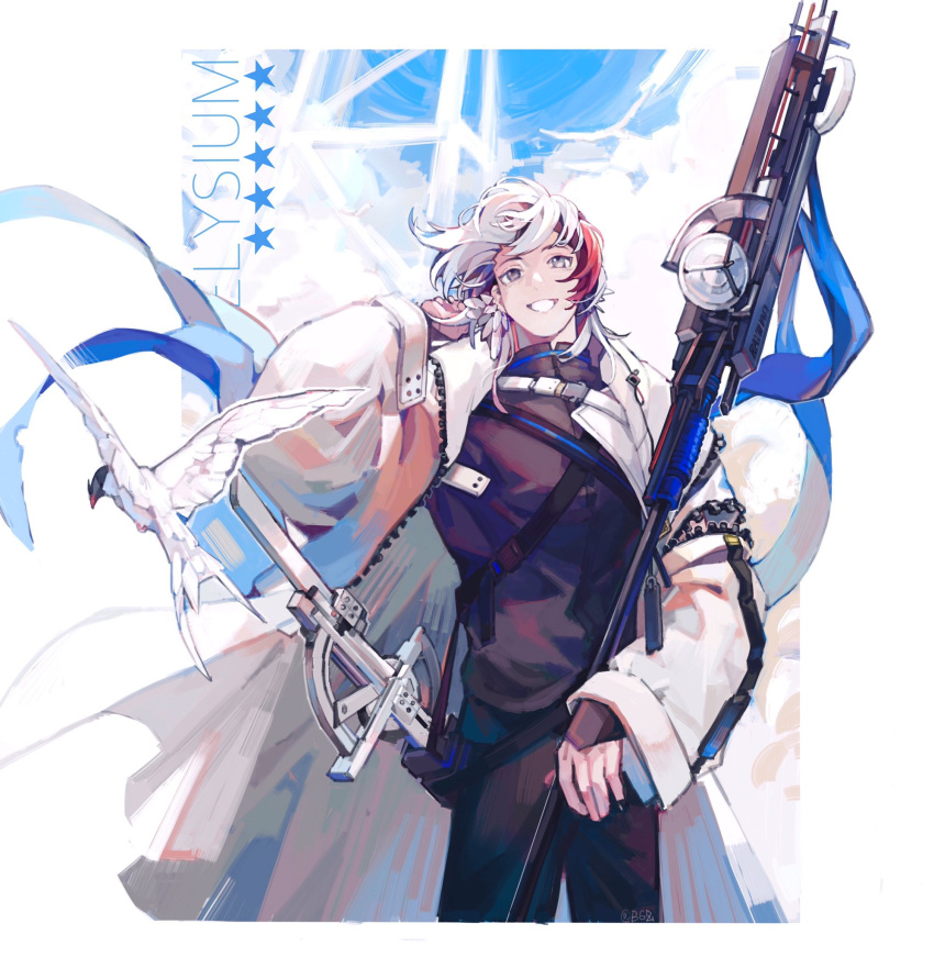 1boy, arknights, bingbuliguozi, bird, black_pants, black_shirt, character_name, elysium_(arknights)