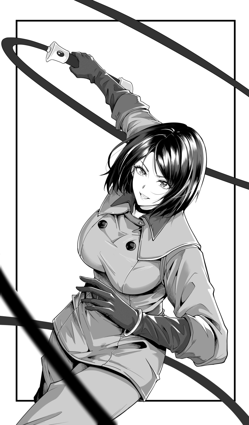 1girl, absurdres, black872233196, breasts, choker, elbow_gloves, gloves, greyscale, highres, holding, holding_whip, military, military_uniform, monochrome, short_hair, simple_background, snk, solo, the_king_of_fighters, uniform, weapon, whip, whip_(kof), white_background