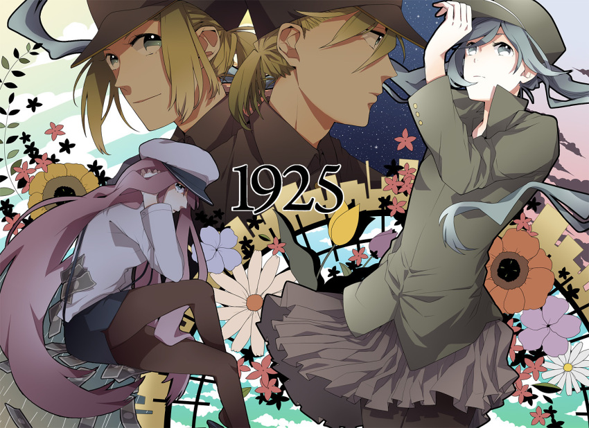 aqua_eyes, aqua_hair, bad_id, blonde_hair, hat, hatsune_miku, kagamine_len, kagamine_rin, long_hair, megurine_luka, military, military_uniform, pantyhose, peaked_cap, pink_hair, short_hair, skirt, smile, subaru_(u-p), twintails, uniform, vocaloid
