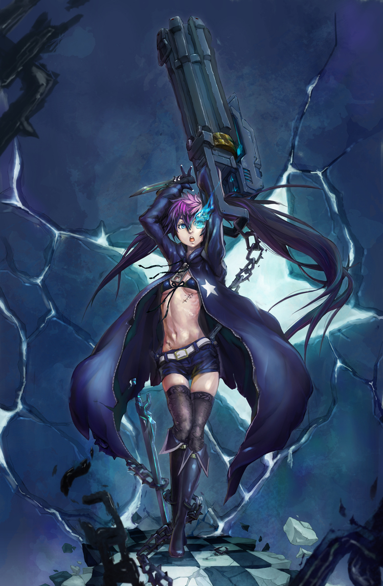 bikini_top, black_hair, black_rock_shooter, black_rock_shooter_(character), blue_eyes, boots, chain, coat