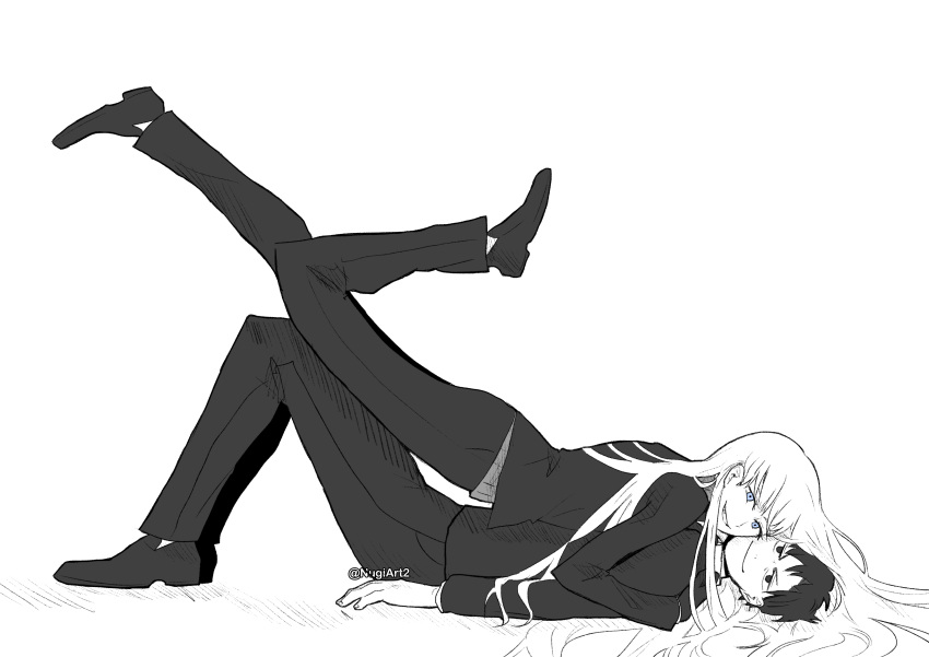 1boy, 1girl, absurdres, angelica_(project_moon), black_eyes, black_footwear, black_hair, black_pants
