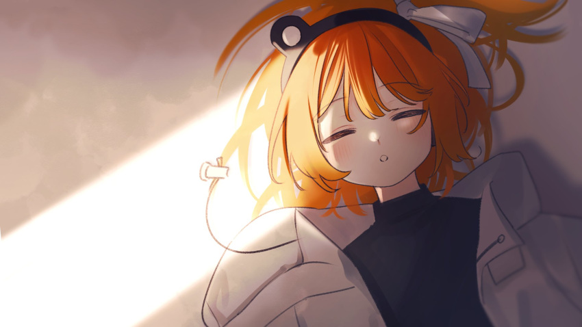 1girl, :o, a.i._voice, adachi_rei, black_shirt, blush, closed_eyes, crack_of_light