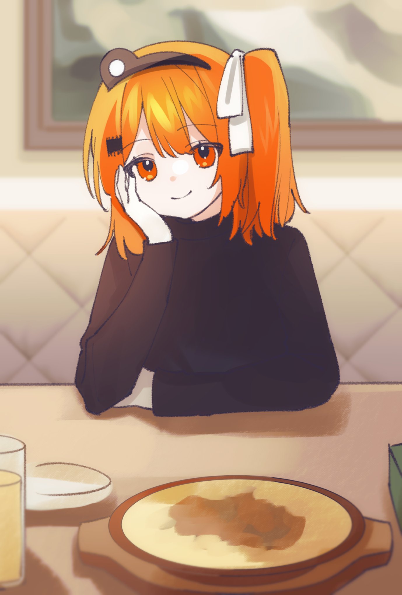 1girl, a.i._voice, adachi_rei, arm_on_table, black_shirt, blurry, blurry_background, booth_seating