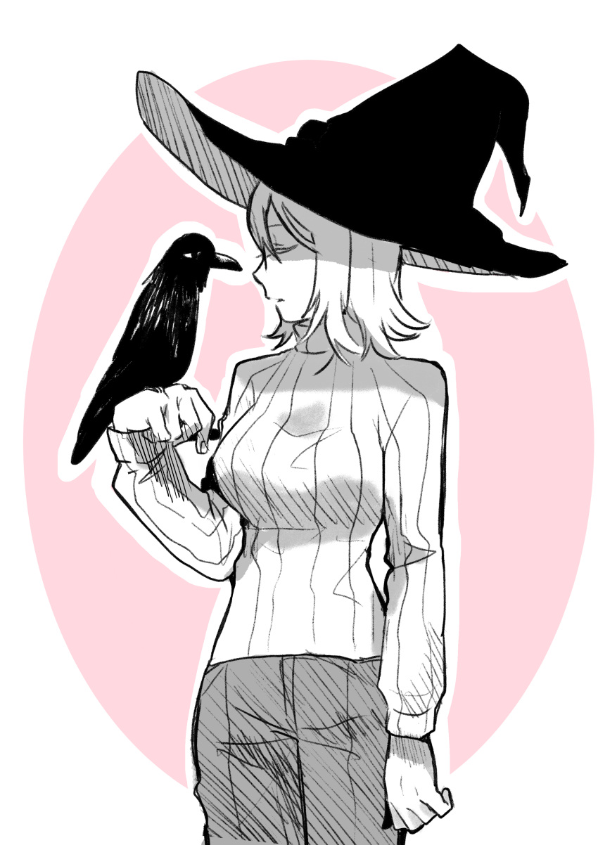 1girl, absurdres, bird, black_headwear, cowboy_shot, crow, faust_(project_moon), hand_up, hat, highres, limbus_company, long_sleeves, nugii, pants, project_moon, short_hair, sketch, solo, sweater, white_hair, white_sweater, witch_hat