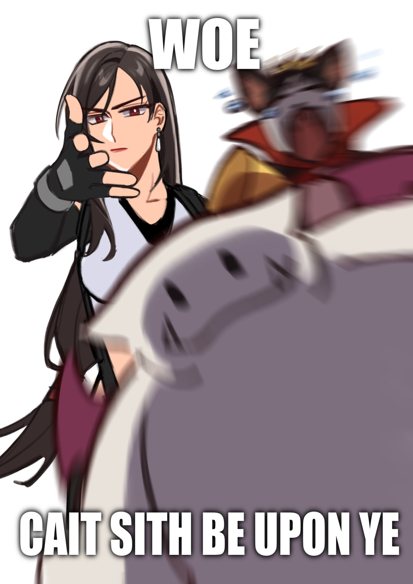 1girl, absurdres, black_gloves, black_hair, black_sports_bra, cait_sith_(ff7), closed_mouth, comedy