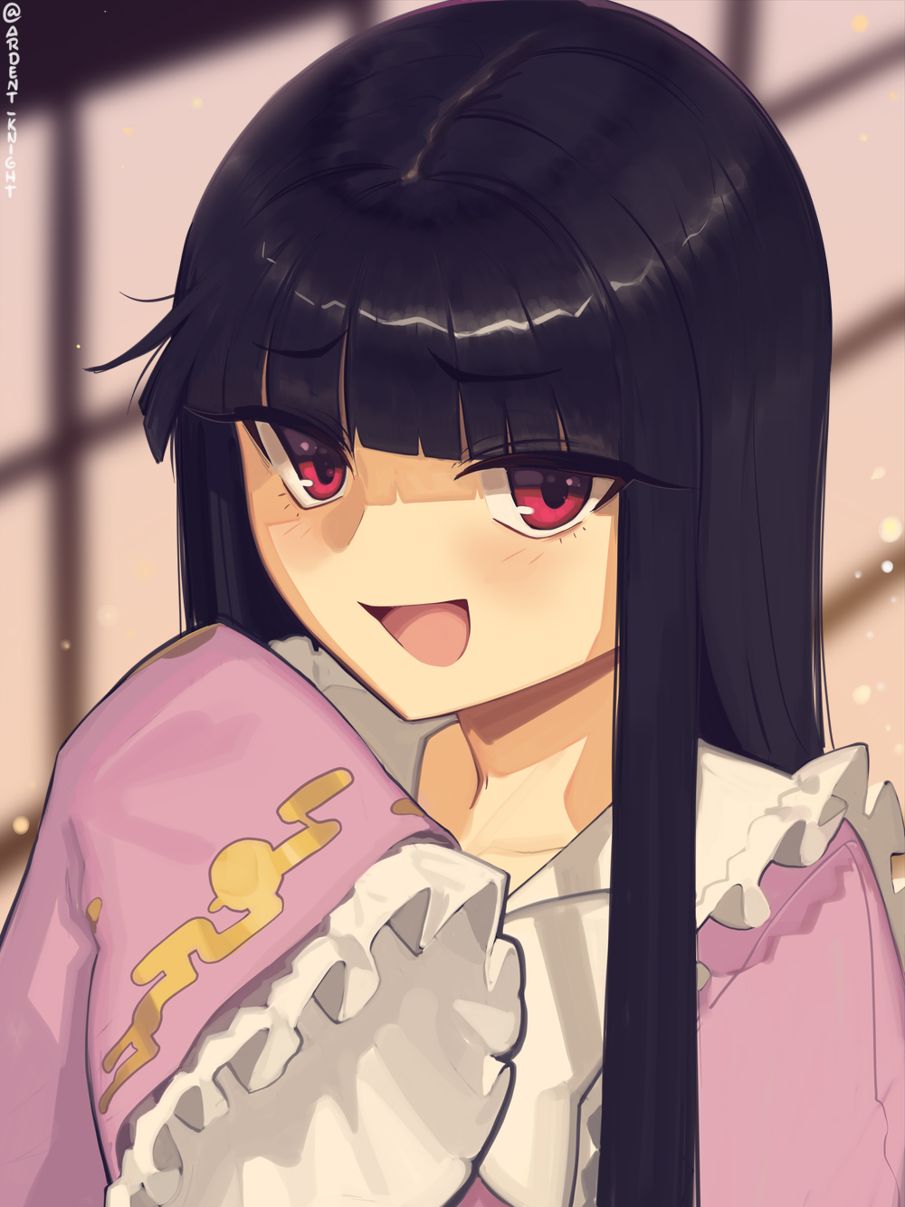1girl, :d, black_hair, blunt_bangs, boa_(brianoa), commentary, hand_up, highres