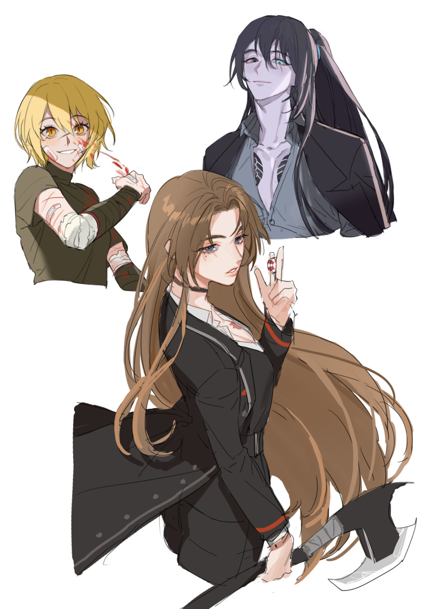 1boy, 2girls, aqua_eyes, axe, black_choker, black_coat, black_eyes, black_hair