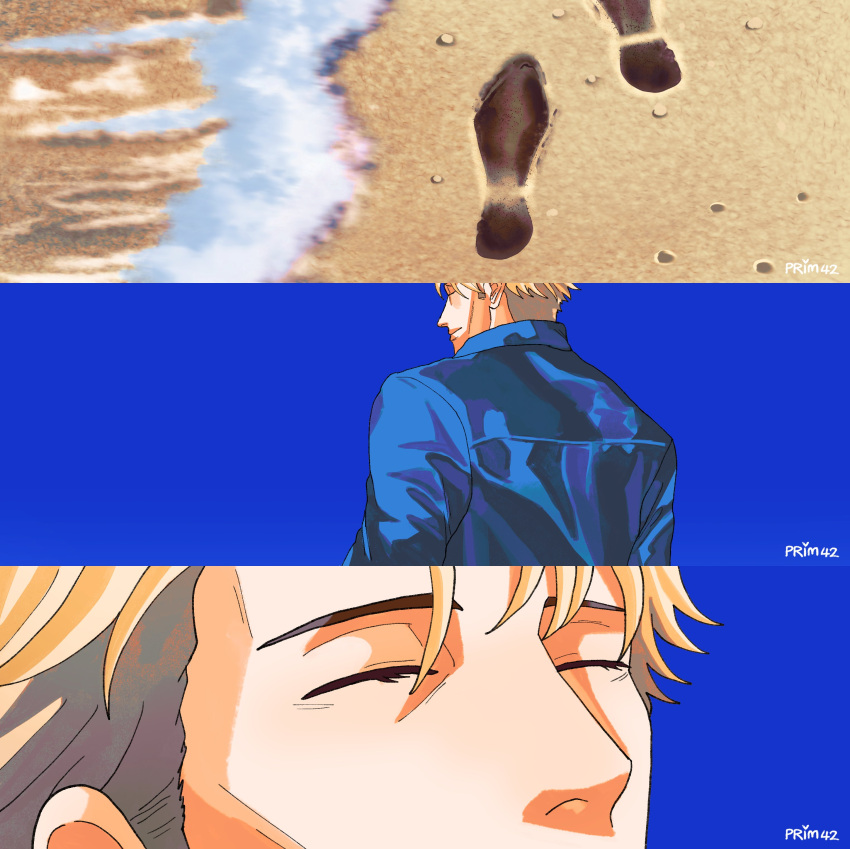 1boy, absurdres, beach, blonde_hair, blue_shirt, blue_sky, closed_eyes, collared_shirt