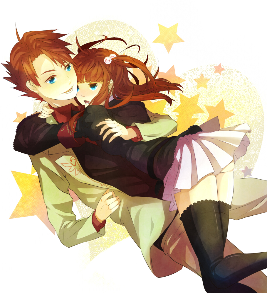 black_legwear, black_thighhighs, blue_eyes, brother_and_sister, colored_eyelashes, eyelashes, hair_bobbles, hair_ornament, hug, jacket, long_hair, pekopekotaro, red_hair, redhead, short_hair, siblings, skirt, smile, star, thigh-highs, thighhighs, twintails, umineko_no_naku_koro_ni, ushiromiya_ange, ushiromiya_battler, zettai_ryouiki