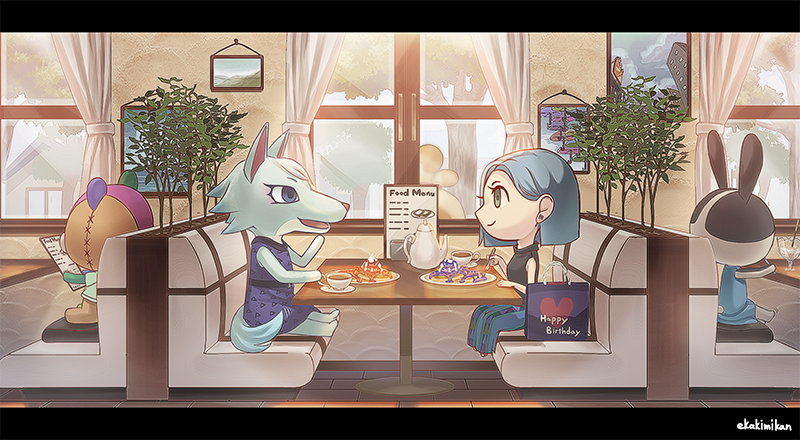 1boy, 3girls, animal_crossing, artist_name, bag, bear_boy, black_sweater, blue_dress