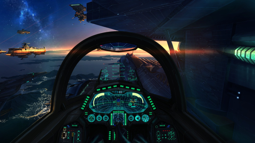 absurdres, aircraft, airplane, bichiguso_un563, cannon, cockpit, fighter_jet, fleet, heads-up_display, highres, jet, military_vehicle, night, night_sky, no_humans, radar, science_fiction, sky, star_(sky), uchuu_senkan_yamato, yamato_(uchuu_senkan_yamato)