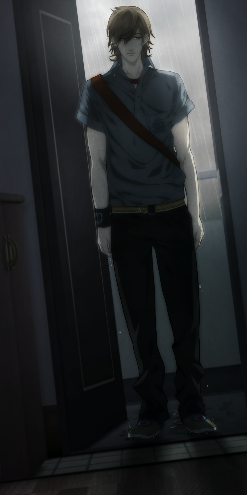 1boy, absurdres, belt, belt_buckle, black_pants, black_trousers, brown_hair, door, ears, eyebrows, eyebrows_visible_through_hair, eyes, eyes_visible_through_hair, furniture, game_cg, hands, indoors, looking_away, male, mita_makoto, non-web_source, open_door, pants, polo_shirt, puddle, rain, sad, shoes, short_hair, short_sleeves, sneakers, solo, spiky_hair, sweet_pool, trousers, water, wet, wristband