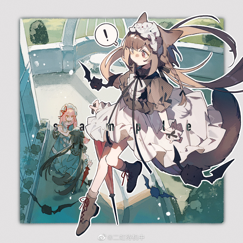 !, 2girls, animal_ears, ascot, balcony, basket, bat_(animal), beads