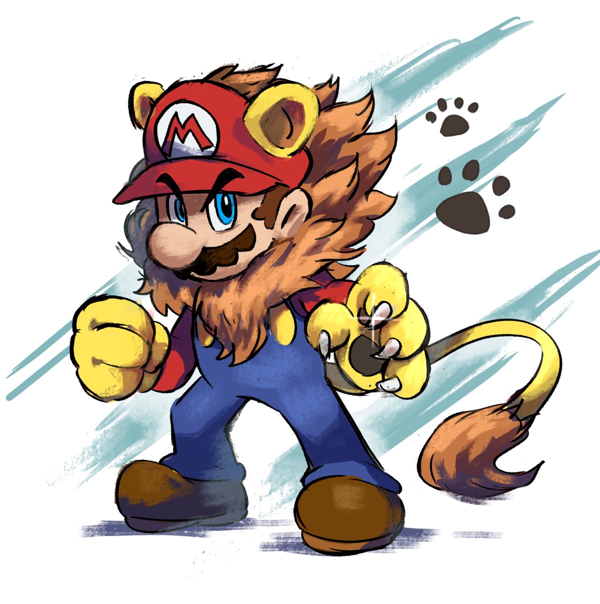 1boy, animal_ears, blue_eyes, blue_overalls, boots, brown_footwear, brown_hair, facial_hair