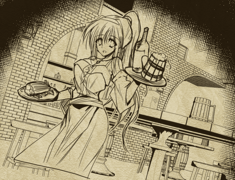 1girl, aisha, bar_stool, barrel, castaway_of_the_ardusta_sea, corset, drink, eyebrows_visible_through_hair