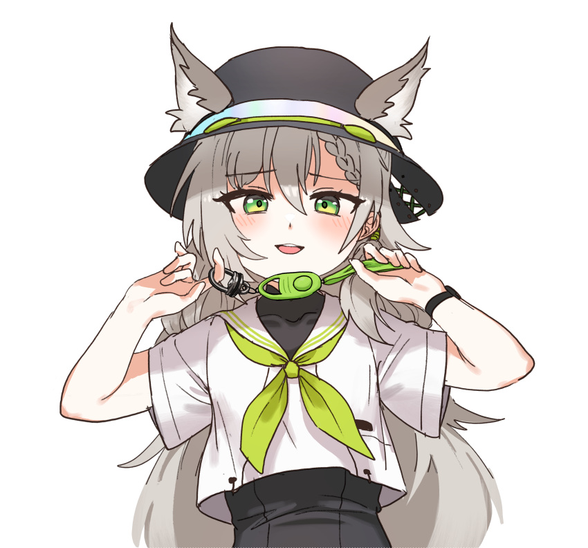 1girl, absurdres, animal_ears, artist_request, blush, braid, covered_collarbone, crime_prevention_buzzer, dress, dushevnaya_(neural_cloud), girls'_frontline_neural_cloud, girls_frontline, green_eyes, grey_hair, highres, ksvk_(girls'_frontline), long_hair, neckerchief, open_mouth, sailor_collar, short_sleeves, shukusei!!_loli-gami_requiem, solo, very_long_hair