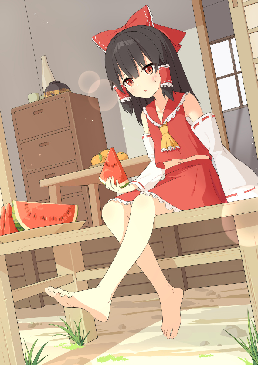 1girl, absurdres, aqoot, bare_legs, barefoot, black_hair, detached_sleeves, food, fruit, hakurei_reimu, highres, looking_at_viewer, orange_(fruit), red_eyes, red_ribbon, ribbon, sitting, soles, solo, swinging_legs, toes, touhou, water, watermelon