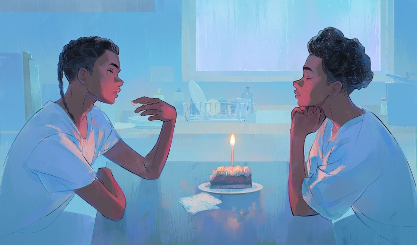 2boys, afro, arm_on_table, black_hair, blue_background, braid, brown_eyes, cake