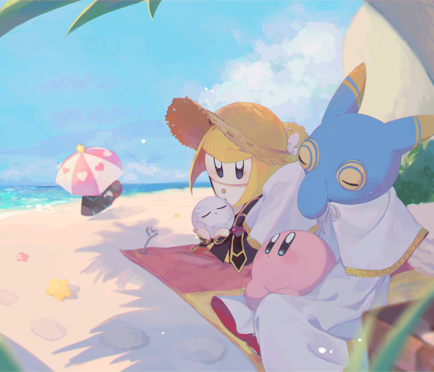 1boy, 2others, 3girls, :o, alternate_headwear, beach, beach_towel, big_nose