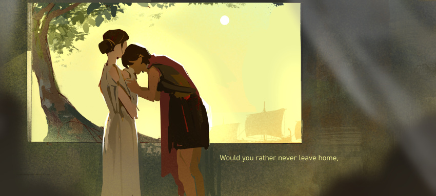 1boy, 1girl, 1other, absurdres, ambiguous_gender, ancient_greek_clothes, baby, cape, commentary, dress, english_commentary, english_text, faceless, faceless_female, faceless_male, family, greco-roman_clothes, greek_mythology, highres, husband_and_wife, odysseus_(mythology), penelope_(mythology), red_cape, ship, sun, watercraft, white_dress, wolfythewitch