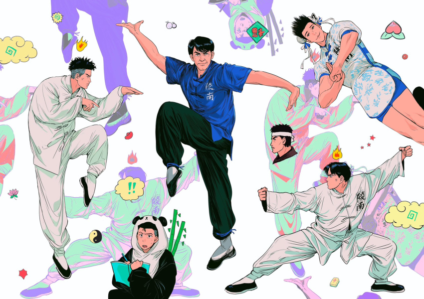 !, !!, 6+boys, aida_hikoichi, animal_costume, arm_up, bandana, black_footwear, black_hair, black_pants, blue_shirt, china_dress, chinese_clothes, clenched_hand, clothes_writing, cropped_shoulders, crossdressing, dark-skinned_male, dark_skin, double_bun, dress, feet_out_of_frame, from_side, fukuda_kicchou, full_body, hair_bun, highres, holding, holding_notebook, holding_pen, koshino_hiroaki, leg_up, looking_at_another, looking_at_viewer, male_focus, martial_arts, mature_male, multiple_boys, notebook, panda_costume, pants, pen, sendou_akira, shirt, short_hair, simple_background, slam_dunk_(series), smile, speech_bubble, spiky_hair, spoken_exclamation_mark, sweatdrop, tangzhuang, taoka_moichi, umklttt, undercut, uozumi_jun, white_background, white_bandana, white_pants, white_shirt, writing