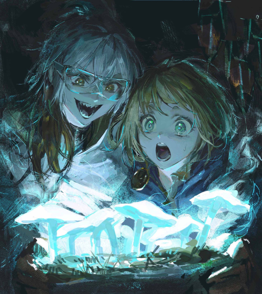1boy, 1other, abstract_background, androgynous, blonde_hair, blue_jacket, crossed_bangs, dark_background