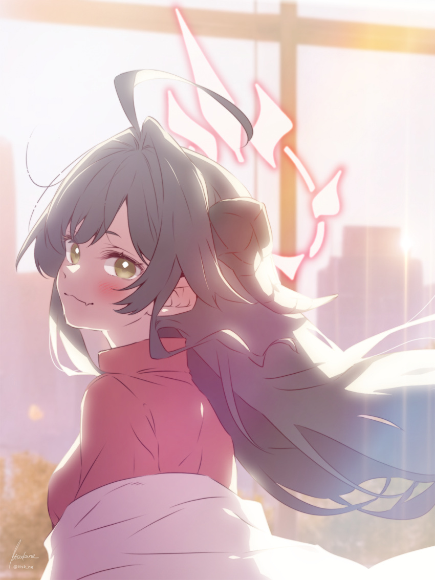 1girl, ahoge, black_hair, black_horns, blue_archive, blush, closed_mouth, coat