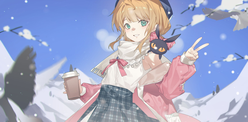 1girl, absurdres, animal_on_shoulder, bird, black_headwear, black_skirt, blonde_hair, blue_sky