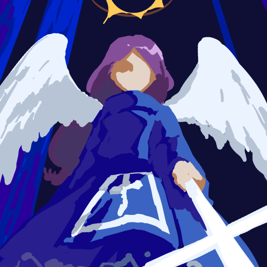 1girl, blue_background, blue_dress, commentary_request, cross, dress, faceless, faceless_female