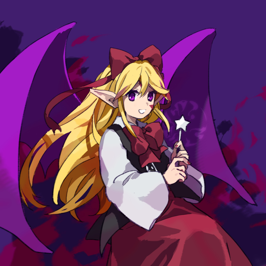 1girl, bat_wings, black_vest, blonde_hair, commentary_request, elis_(touhou), hair_between_eyes, hair_ribbon